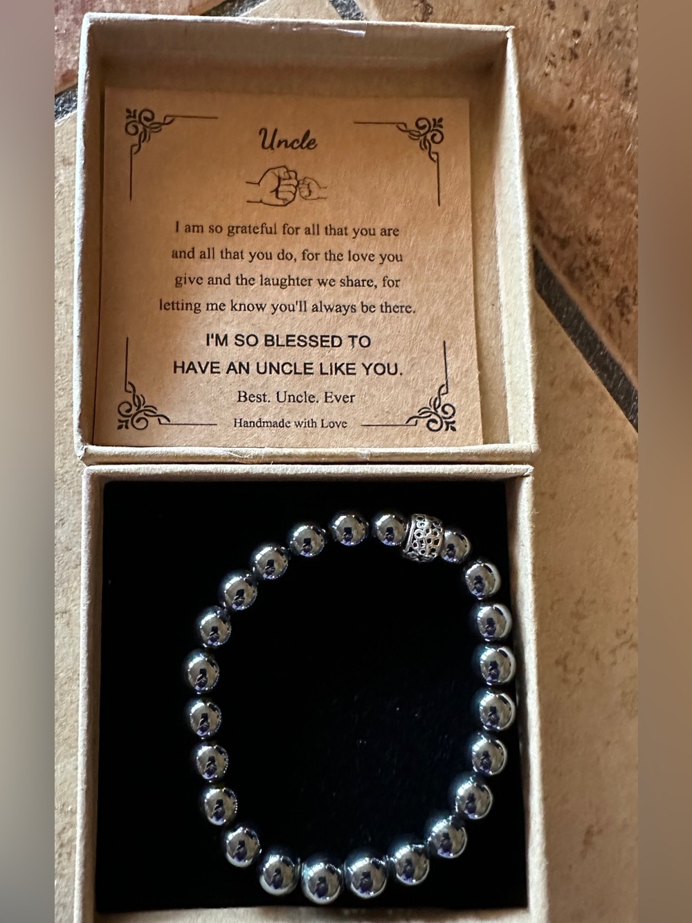 Hematite Stretch Bracelet with Uncle Sentiment Card